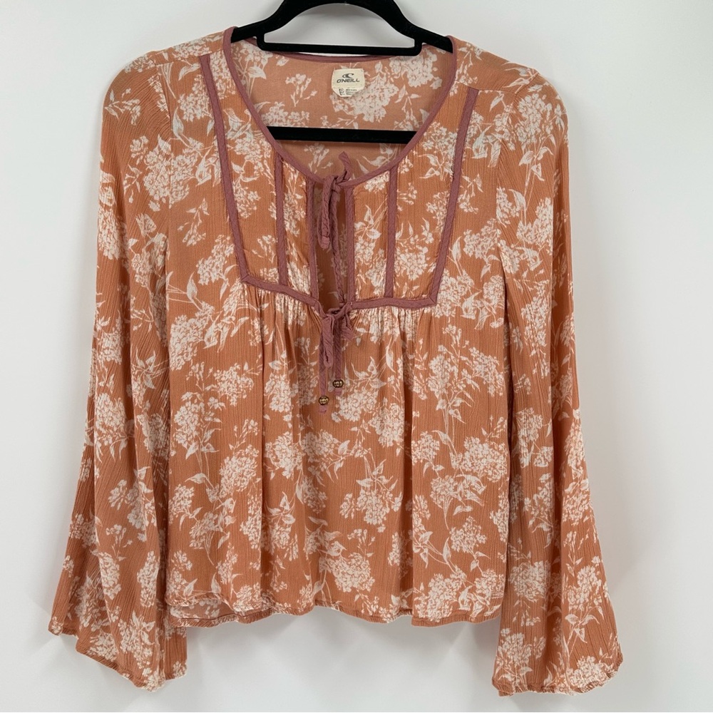 O'Neill Sz XS Orange Brown Long Sleeve Bell Sleeve Blouse with Tie Front boho